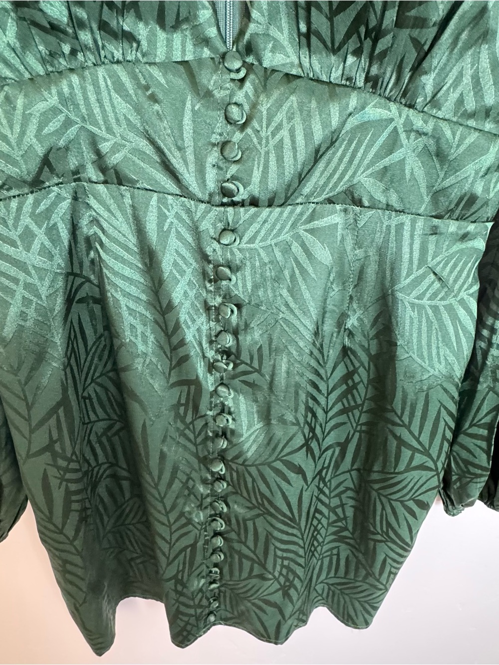 Hello Molly Heart Eyes Emerald Green Satin Palm Print Long Sleeve Mini Dress 12 - Picture 9 of 16